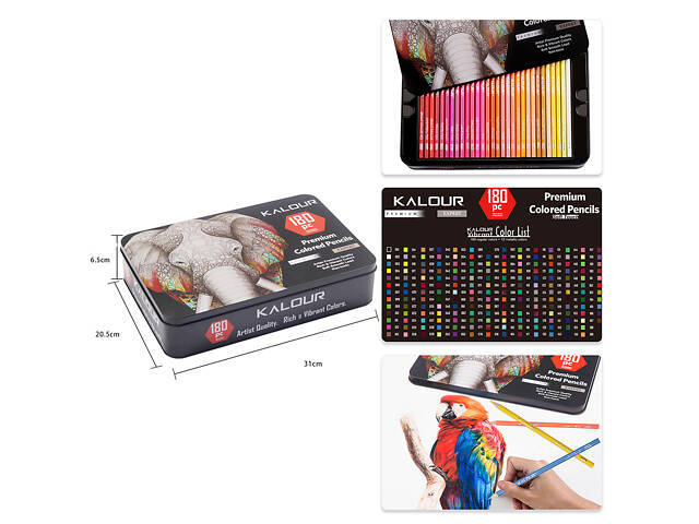 Набір кольорових олівців для малювання KALOUR у металевій коробці 180 кольорів. - Фото 3