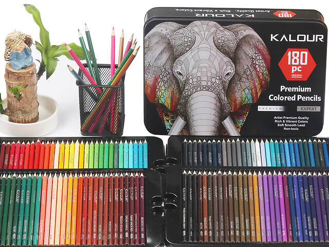 Набір кольорових олівців для малювання KALOUR у металевій коробці 180 кольорів. - Фото 4
