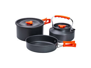 Набір туристичного посуду в сумці для походу та кемпінгу: каструля, сковорода, чайник