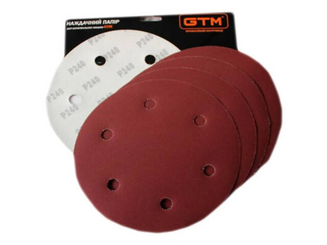 Наждачний папір GTM круг з отворами 215мм Р-240, липучка, 5шт. (SZB225V P240) - Фото 1