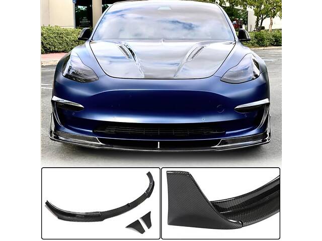 Накладка на передний бампер Lip Карбон V3 (2016-2022) для Tesla Model 3 - Фото 1