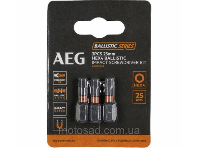Насадки викруткові ударостійкі AEG: HEX 4, l= 25 мм, 3 шт. DW - Фото 1