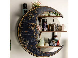 Настінна полиця Луна, органайзер з 3 полицями для прикрас і декору, дерев'яна полиця півмісяць, колір Black
