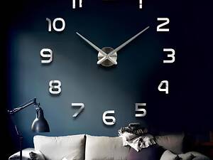 Настенные 3D часы серебристые, интерьерные настенные часы, Часы клеящиеся на стену