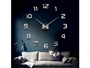Настінний 3D годинник сріблястий, інтер'єрний настінний годинник, Годинник, що клеїться на стіну