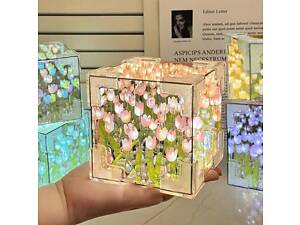 Настольная лампа бесконечное зеркало 'Тюльпаны в кубе' LED night light cube, розовый Color 3525