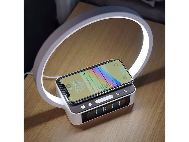 Настільна лампа з бездротовою зарядкою та годинником WILIT B17Q10E 10W, біла, сенсорне керування, будильник - Фото 2