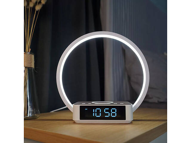 Настільна лампа з бездротовою зарядкою та годинником WILIT B17Q10E 10W, біла, сенсорне керування, будильник - Фото 4