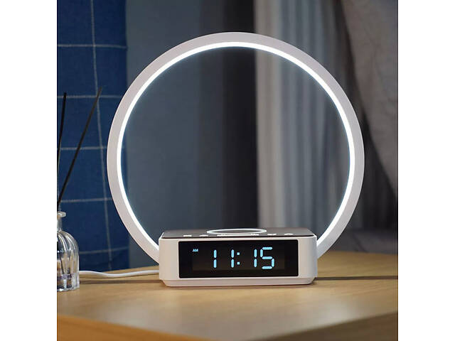 Настільна лампа з бездротовою зарядкою та годинником WILIT B17Q10E 10W, біла, сенсорне керування, будильник - Фото 5