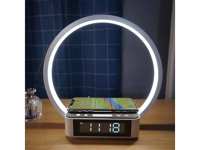 Настільна лампа з бездротовою зарядкою та годинником WILIT B17Q10E 10W, біла, сенсорне керування, будильник - Фото 6