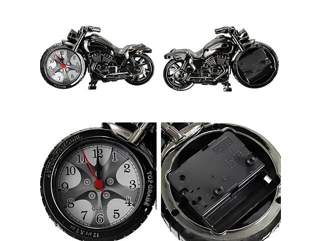 Настільний годинник з будильником у вигляді мотоцикла чорного кольору — інтер'єрний годинник-Байк RESTEQ 22,5×12,5 см - Фото 2