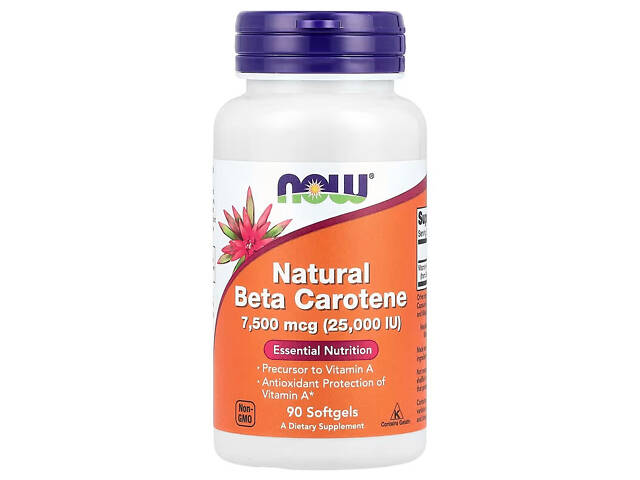 Натуральний бета-каротин NOW Natural Beta Carotene, 7,500 mcg (25,000 IU), 90 Softgels - Фото NaN
