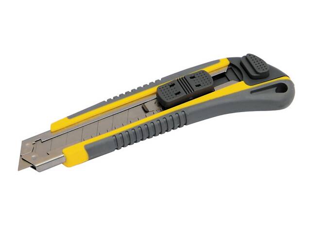 Ніж будівельний MASTERTOOL AUTO з відламним лезом 18 мм ABS пластик з TPR покриттям металева напрямна кнопковий фіксатор Ніж будівельний MASTERTOOL AUTO з відламним лезом 18 мм ABS пластик з TPR покриттям металева напрямна кнопковий фіксатор