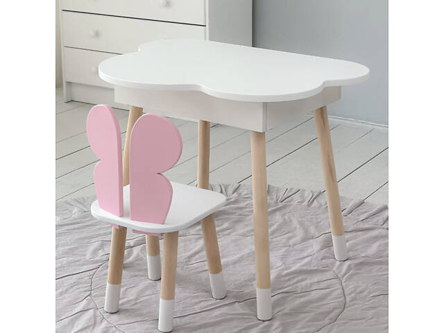 Новинка! Стол тучка с нишей белый и стульчик бабочка розовый 69387 - Фото 1