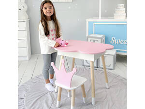 Новинка! Детский стол розовое облачко с нишей и стульчик корона розовый 93061