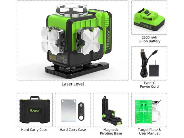 Рівень Huepar P04CG 4D 16 ліній Зелений промінь (2860621782) - Фото 10