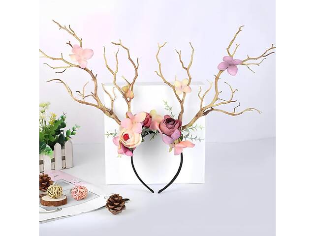 Обруч із квітами та рогами RESTEQ. Обідок з півонії та рогами. Обруч з орхідеями, півонії та гілками дерев у вигляді рогів. Обруч - Фото 1