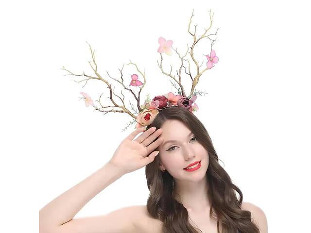 Обруч із квітами та рогами RESTEQ. Обідок з півонії та рогами. Обруч з орхідеями, півонії та гілками дерев у вигляді рогів. Обруч - Фото 2