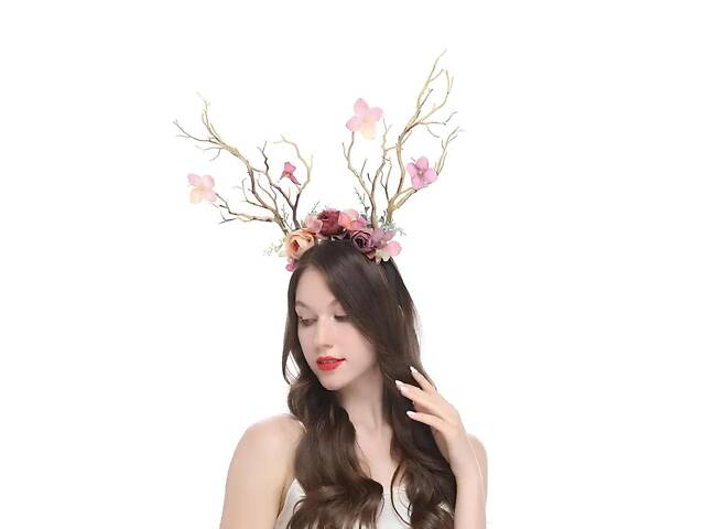 Обруч із квітами та рогами RESTEQ. Обідок з півонії та рогами. Обруч з орхідеями, півонії та гілками дерев у вигляді рогів. Обруч - Фото 3