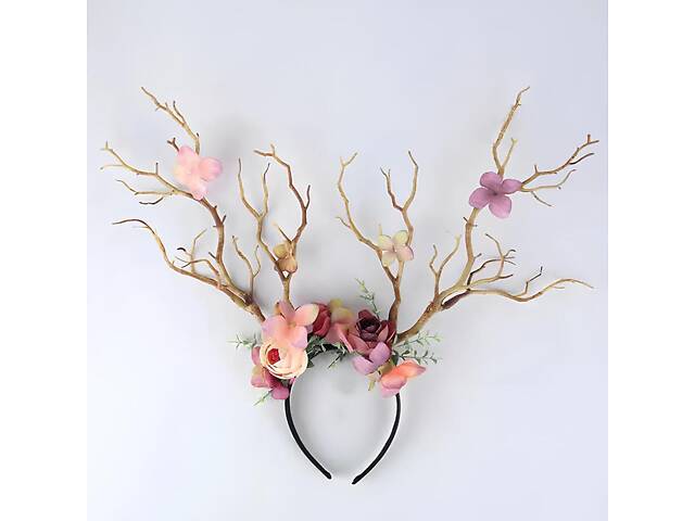 Обруч із квітами та рогами RESTEQ. Обідок з півонії та рогами. Обруч з орхідеями, півонії та гілками дерев у вигляді рогів. Обруч - Фото 4