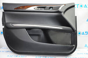 Обшивка двери карточка передняя левая Lincoln MKZ 13-16 черн кожа, подлокотник кожа, вставка дерево глянец, трещина