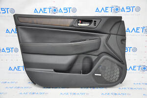 Обшивка двери карточка передняя левая Subaru Outback 15-19 черная, кожа, вставка под дерево, Harman Kardon