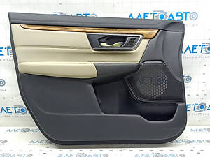 Обшивка двери карточка передняя левая Honda CRV 17-22 черная, вставка бежевая кожа, подлокотник бежевая кожа, молдинг по