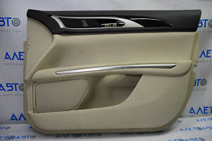 Обшивка двери карточка передняя правая Lincoln MKZ 13-16 беж кожа, подлокотник кожа, вставка дерево глянец, тычки, дефек