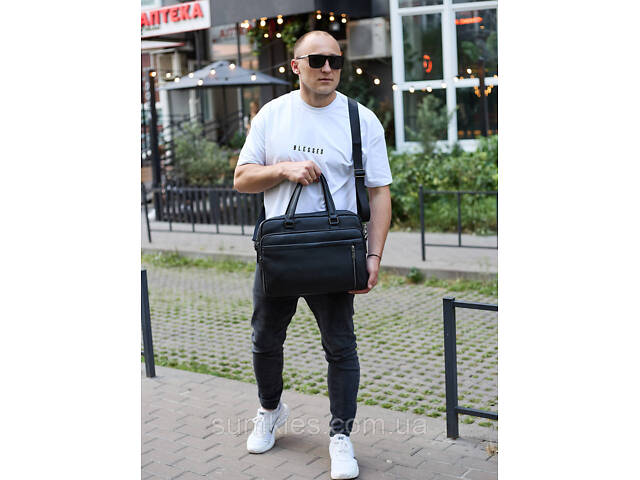 Офісна чоловіча сумка через плече 39х29х10, шкіряний портфель-месенджер для бізнесу, чорний - Фото 1