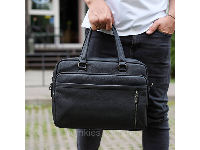 Офісна чоловіча сумка через плече 39х29х10, шкіряний портфель-месенджер для бізнесу, чорний - Фото 3