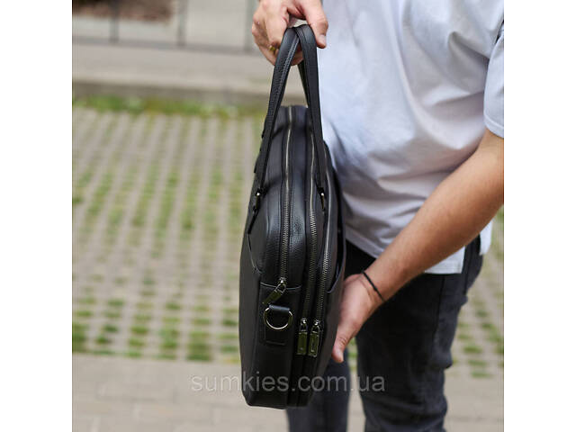 Офісна чоловіча сумка через плече 39х29х10, шкіряний портфель-месенджер для бізнесу, чорний - Фото 4