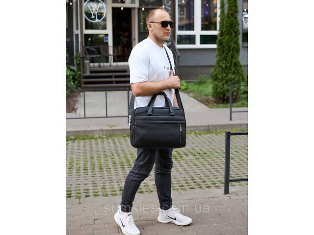 Офісна чоловіча сумка через плече 39х29х10, шкіряний портфель-месенджер для бізнесу, чорний - Фото 6
