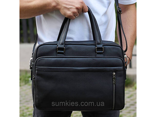 Офісна чоловіча сумка через плече 39х29х10, шкіряний портфель-месенджер для бізнесу, чорний - Фото 2