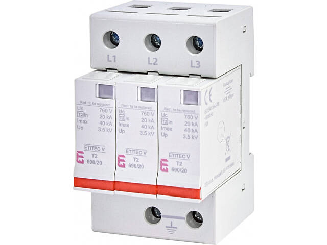 Обмежувач перенапруги 3Р 40кА 760В RC для сонячних панелей (PV систем) [2442988] ETITEC V T2 ETI - Фото 1
