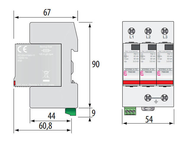 Обмежувач перенапруги 3Р 40кА 760В RC для сонячних панелей (PV систем) [2442988] ETITEC V T2 ETI - Фото 2