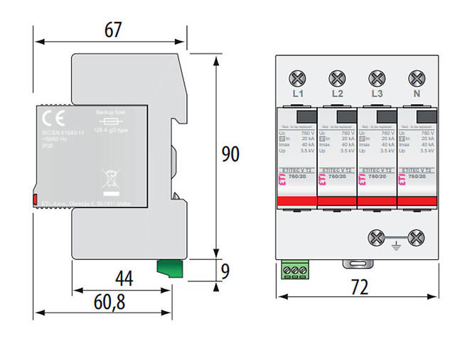 Обмежувач перенапруги 4Р 40кА 760В RC для сонячних панелей (PV систем) [2442989] ETITEC V T2 ETI - Фото 2
