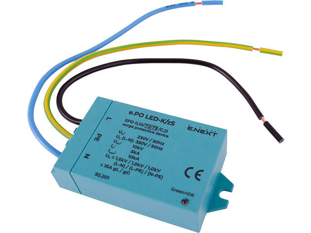 Ограничитель перенапряжения УЗИП 1+N-PE 230В 10кВ класс 2+3 для LED освещения [92.201] E.NEXT PO LED-K/zS - Фото 1