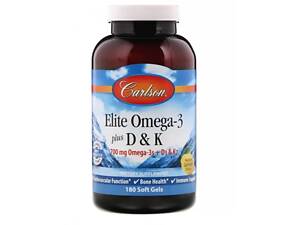 Омега 3 Carlson Labs Elite Omega-3 Plus D & K 180 Soft Gels Natural Lemon Flavor