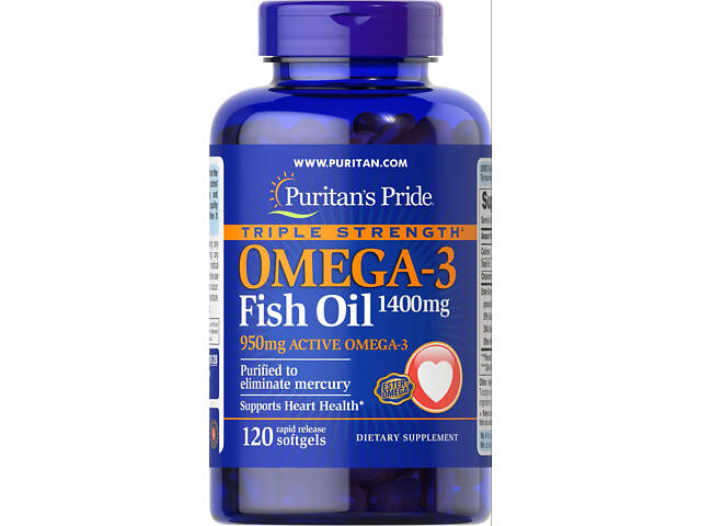 Омега-3 Puritan's Pride Omega-3 Fish Oil Triple Strength 1400 mg 90 Softgels - Фото 1