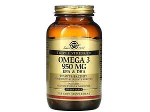 Омега-3, рыбий жир, Omega-3, EPA & DHA, Solgar, тройная сила, 950 мг, 100 гелевых капсул
