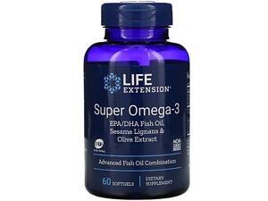 Омега-3, Super Omega-3, Life Extension, рыбий жир EPA/DHA, лигнаны кунжута и экстракт оливок, 60 гелевых
