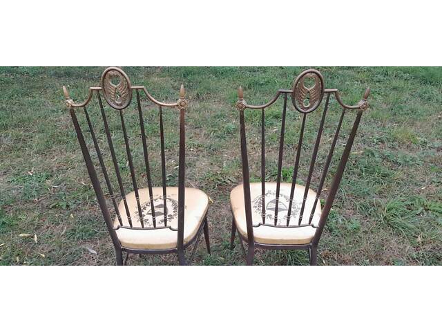 Пара стільців. Італійські ?? Латунні. Сидіння в плівці. На тканині є незначні плямки. ?43*43 см, висота 117 см, висота сидіння - Фото 3