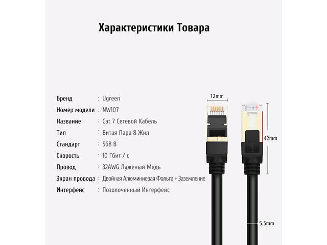 Патч-корд Ugreen NW107 прямой UTP сетевой кабель Ethernet Cat7 с RJ 45 5м Черный (11271) - Фото 8