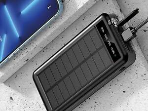 Павербанк на 5000 мАч, солнечная панель, 4 кабеля, с беспроводной зарядкой, с фонариком, powerbank.
