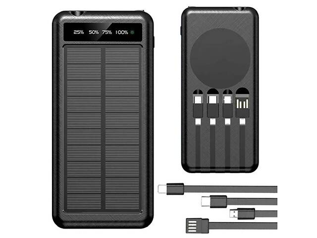 Универсальный повербанк на 50000 мАч с 4 кабелями, с беспроводной зарядкой и солнечной панелью, с фонариком, powerbank. - Фото 1