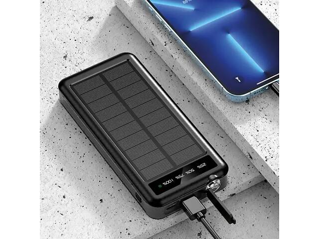 Универсальный повербанк на 50000 мАч с 4 кабелями, с беспроводной зарядкой и солнечной панелью, с фонариком, powerbank. - Фото 3