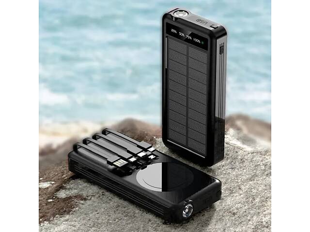 Универсальный повербанк на 50000 мАч с 4 кабелями, с беспроводной зарядкой и солнечной панелью, с фонариком, powerbank. - Фото 7