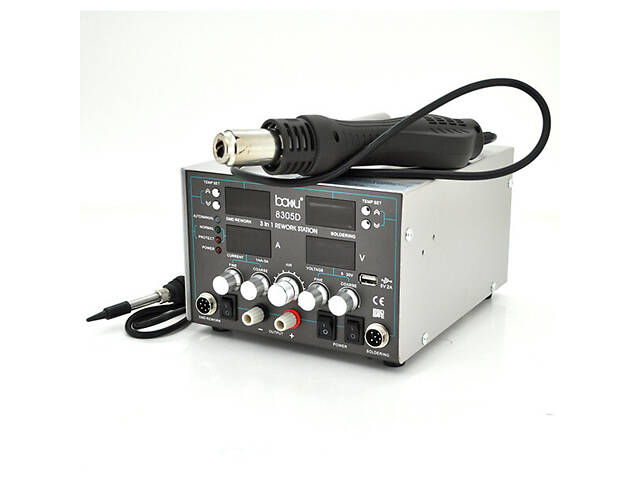 Паяльна станція BAKKU BA-8305D цифрова індикація, фен, паяльник, БЖ DC 0-30В, 5A (340*278*208) 5,1 кг - Фото 1