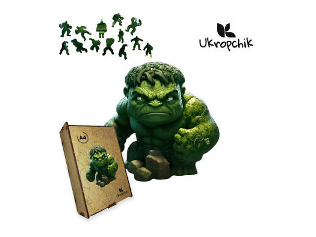 Пазл Ukropchik дерев'яний Супергерой Халк А4 в коробці з набором-рамкою (Hulk Superhero A4) - Фото 1