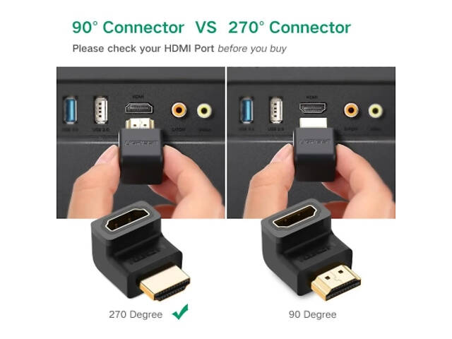 Перехідник HDMI M to HDMI F 90° corner UP HD112 black Ugreen (20110) - Фото 2